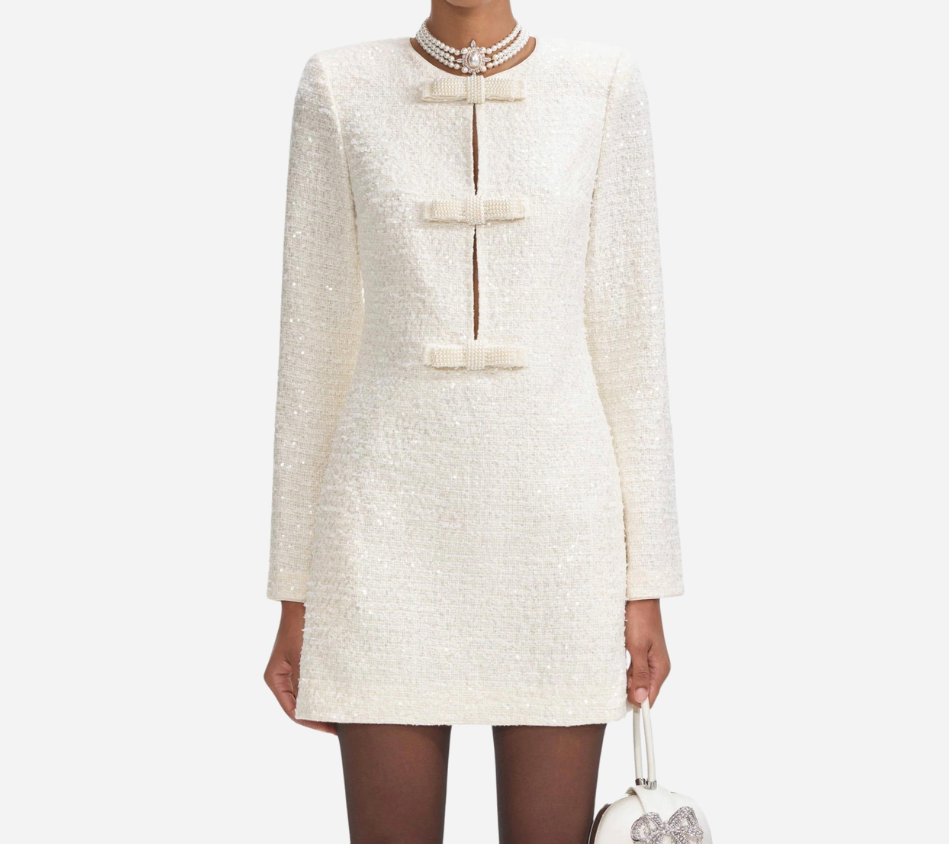SFP-CREAM BOUCLE DIAMANTE BOW MINI DRESS