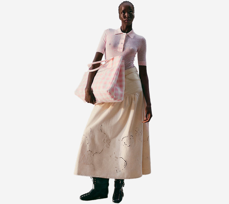 GAN-BRODERIE ANGLAISE DENIM LONG SKIRT