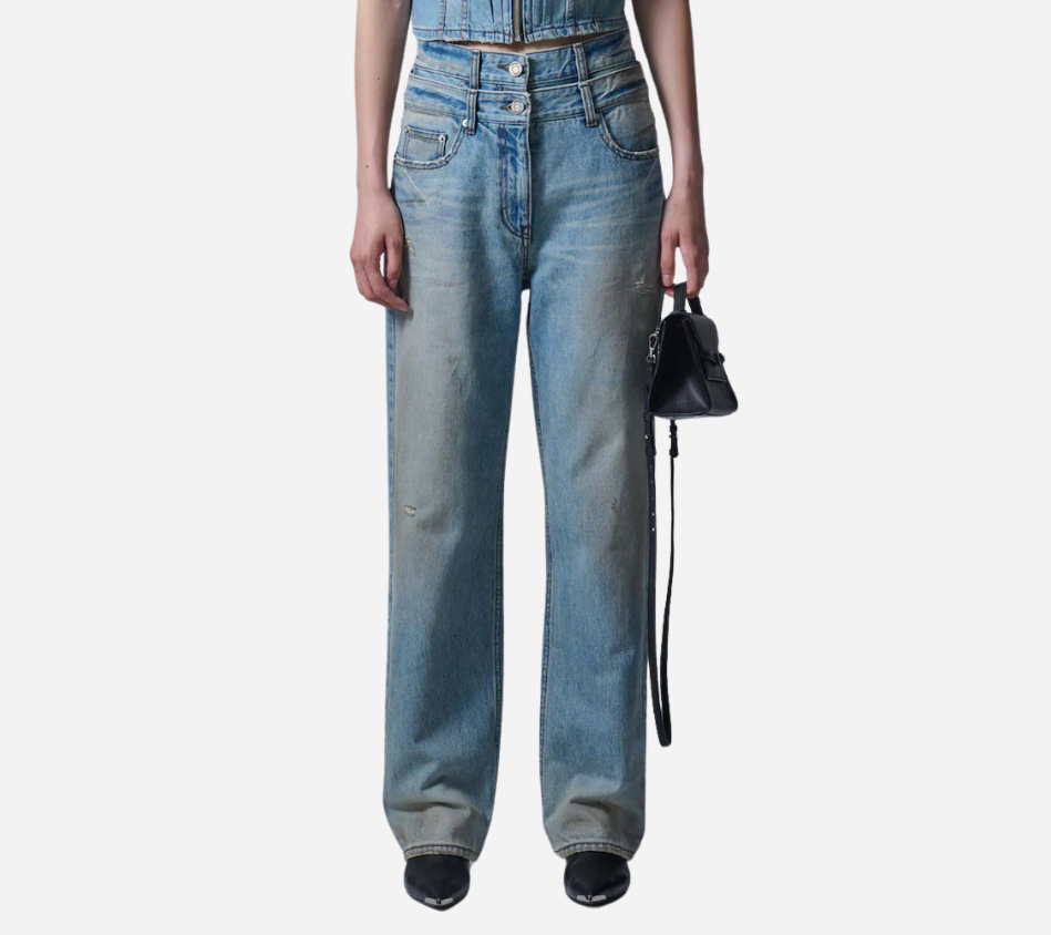 JUN-DOUBLE WAISTED DENIM PANTS