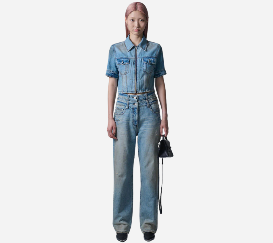 JUN-DOUBLE WAISTED DENIM PANTS