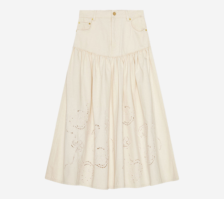 GAN-BRODERIE ANGLAISE DENIM LONG SKIRT