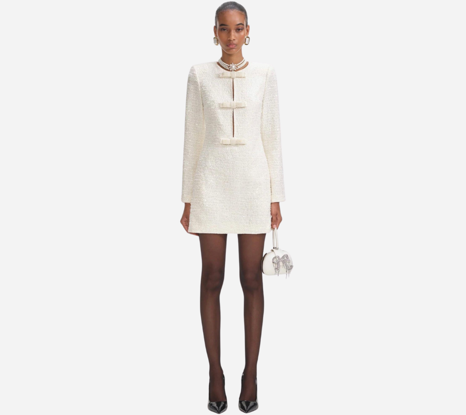 SFP-CREAM BOUCLE DIAMANTE BOW MINI DRESS