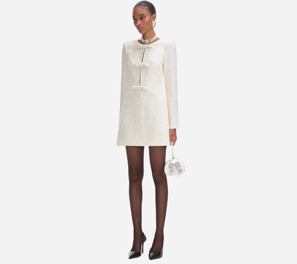 SFP-CREAM BOUCLE DIAMANTE BOW MINI DRESS