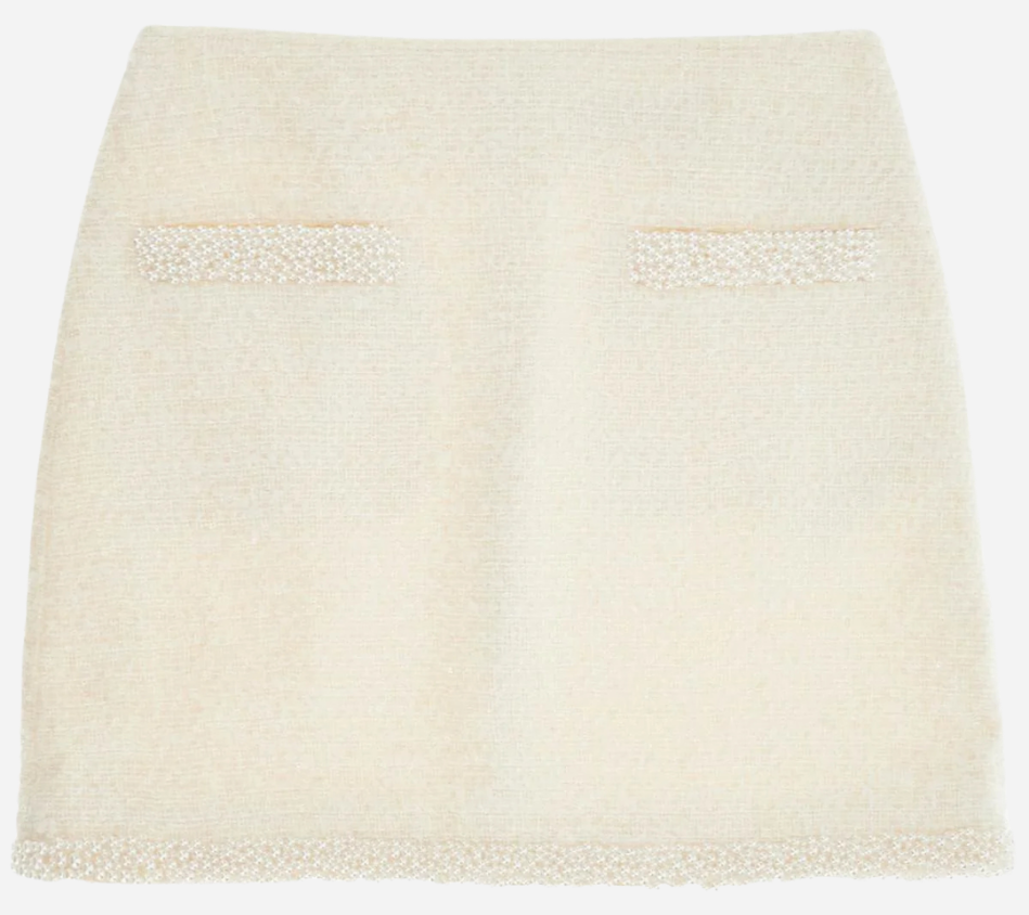 SFP-CREAM BOUCLE PEARL TRIM MINI SKIRT