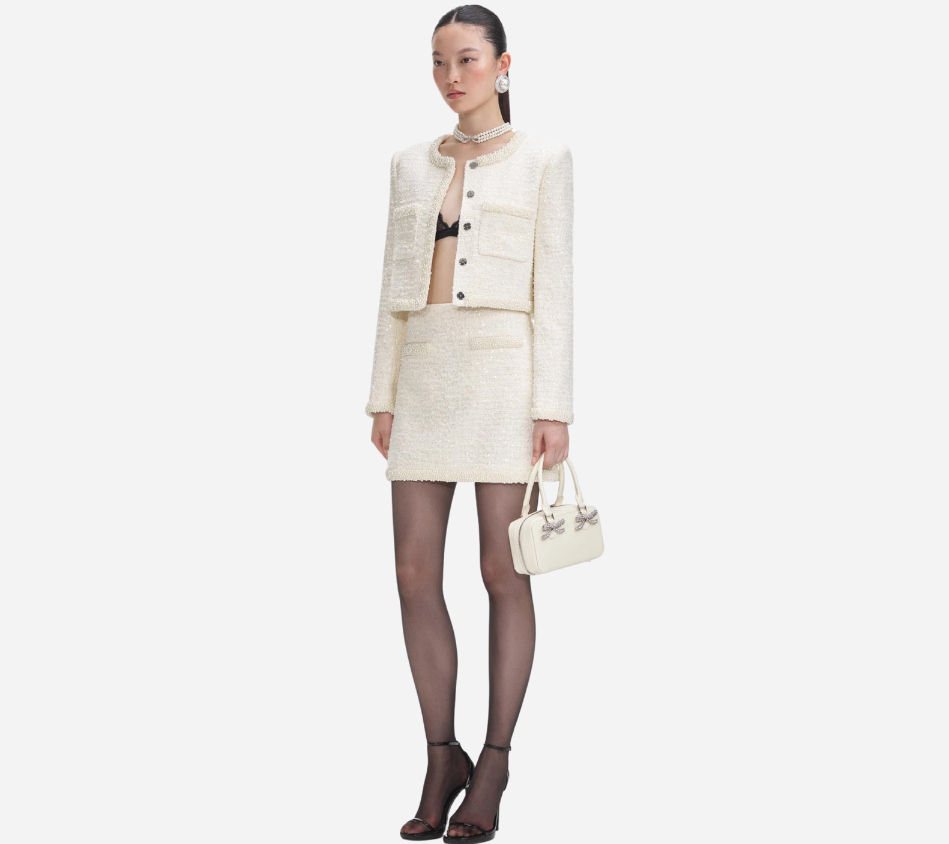SFP-CREAM BOUCLE PEARL TRIM MINI SKIRT