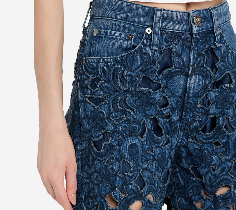 RNB-LOGAN MID-RISE WIDE LEG FLORAL CUTOUT